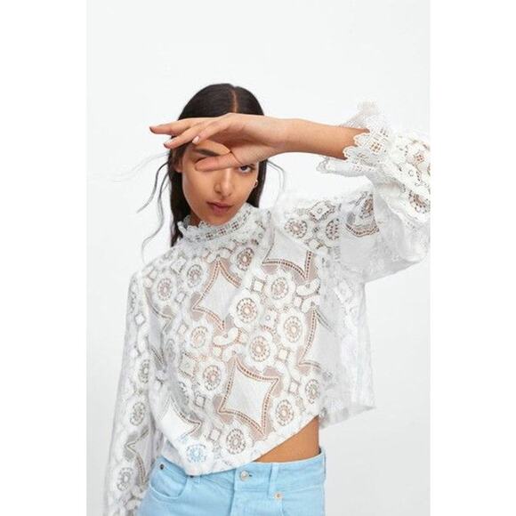 ZARA Elegant Lace Crochet Blouse with Lantern Sleeve - Picture 1 of 10